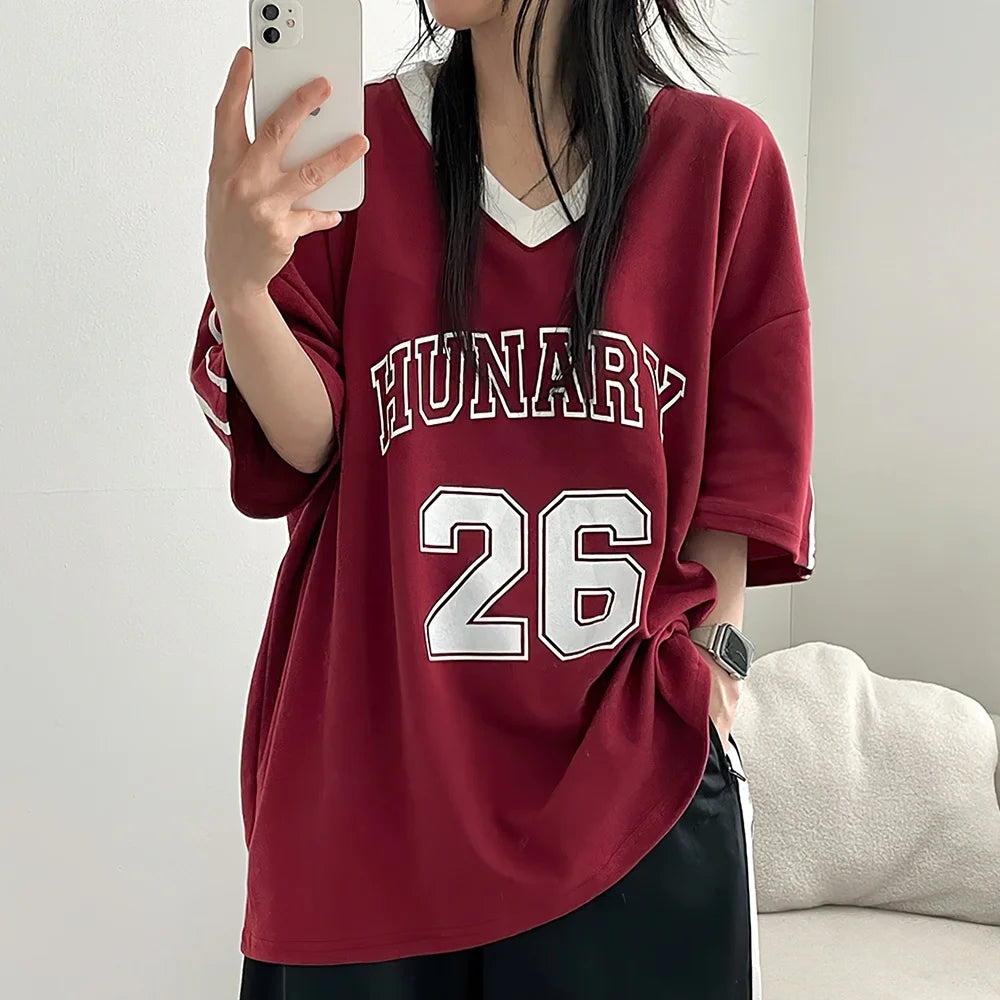 New Trendy Short Sleeved Loose Sports Top Women Fully Matched with Street Retro Sports T-shirt V-neck Comfortable Tops Tee