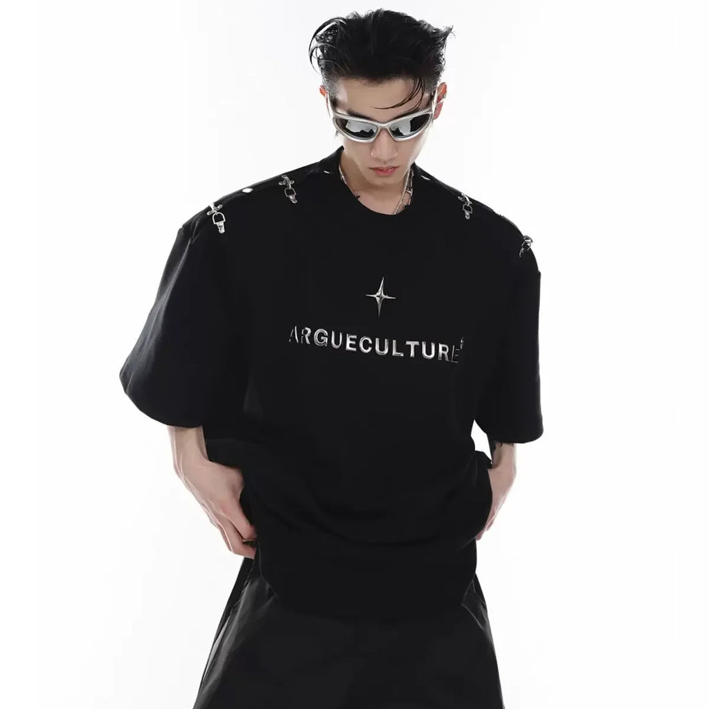 Deconstructive Design Metal Buckle Patchwork High Street Casual T Shirt Summer Man Techwear Style Short Sleeve Tops