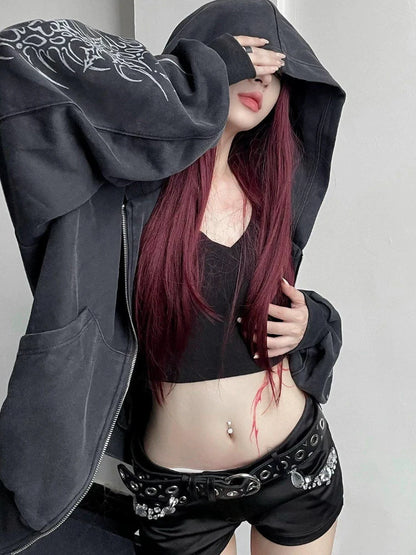 American Vintage Distressed Print Hoodie Long Sleeve Slim Women Casual Sweatshirt Streetwear Y2k Retro Zipper 2025 Autumn