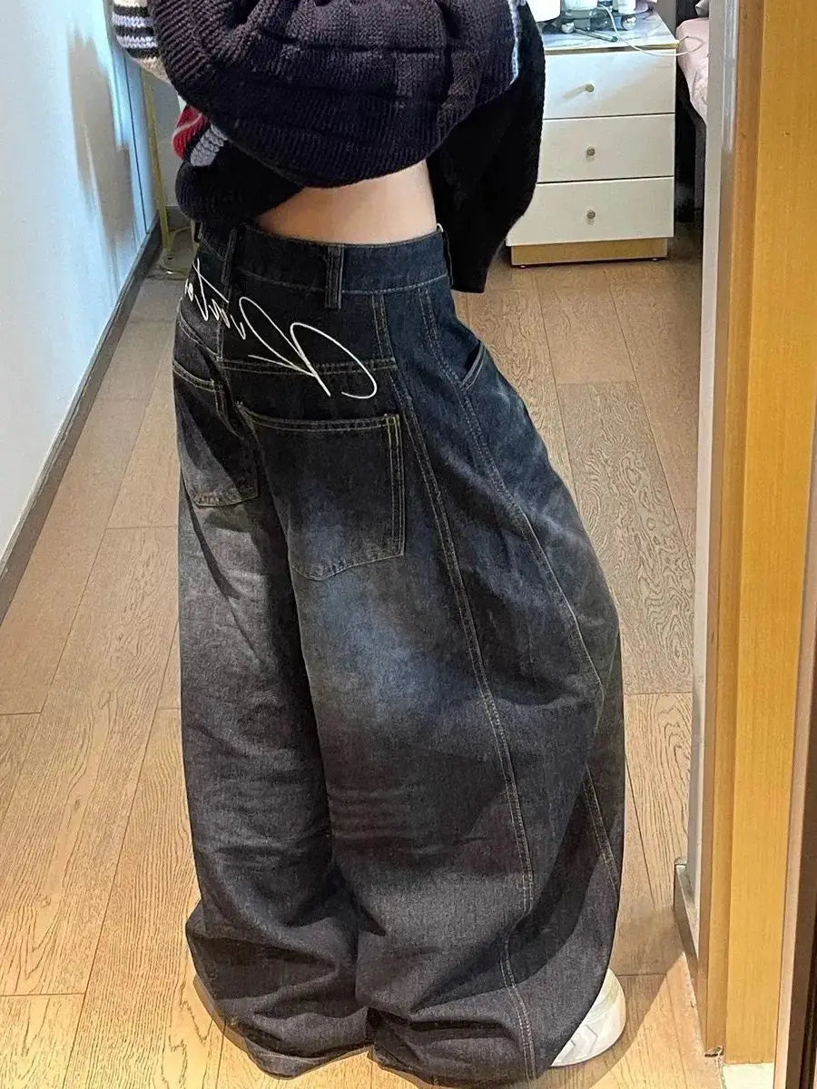 Black Womens Jeans High Waist Vintage Design Hip Hop Straight Baggy Denim Pants Street Y2K American Style Wide Leg Denim Trouser