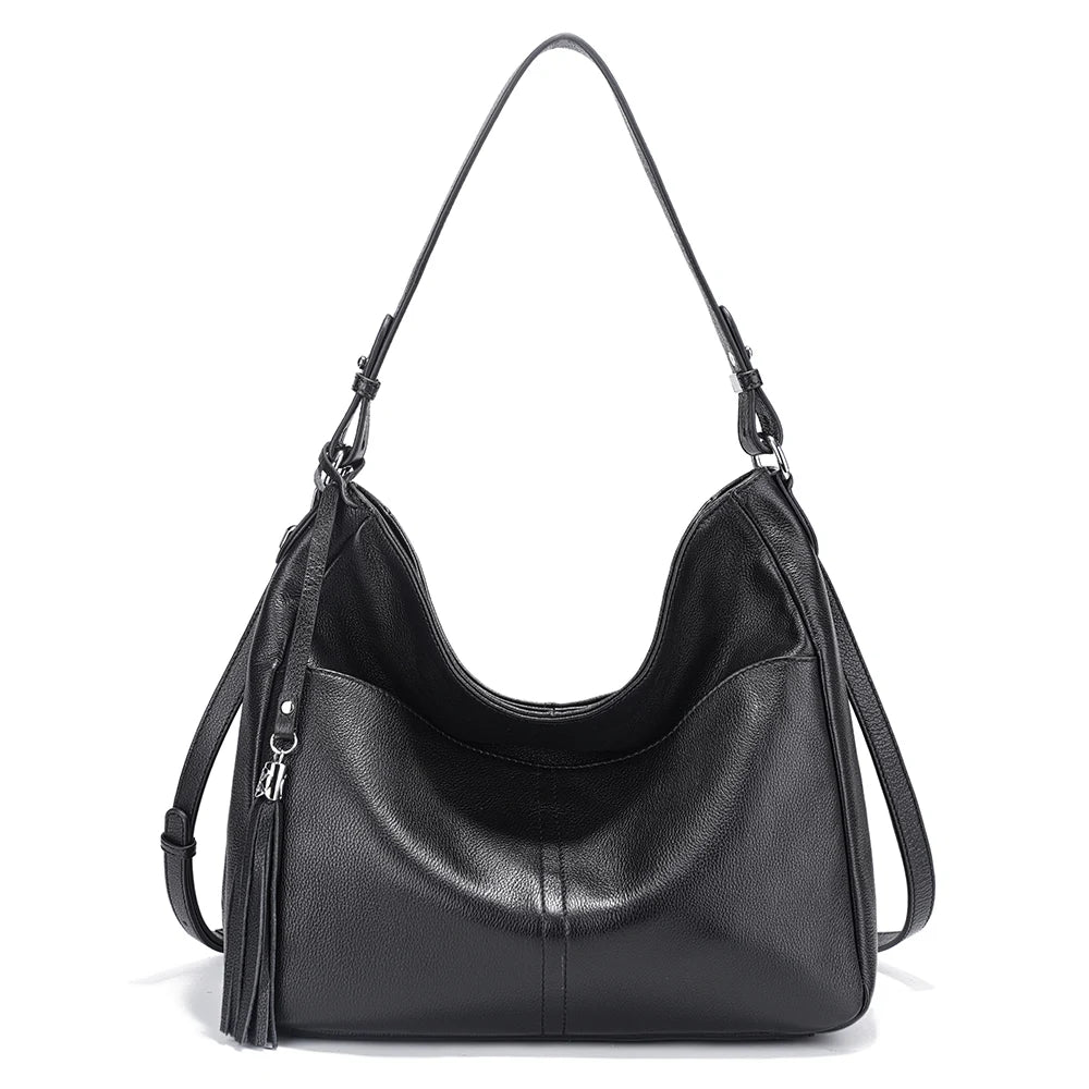 Zency Elegant Beige Tassel Hobo Bag Soft Leather Women's Shoulder Bag 2025 New Handbag Long Strap Crossbody 8 Color Shopper