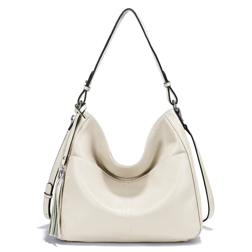 Zency Elegant Beige Tassel Hobo Bag Soft Leather Women's Shoulder Bag 2025 New Handbag Long Strap Crossbody 8 Color Shopper