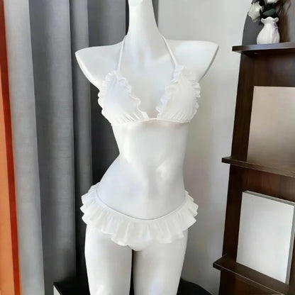 Y2K Korean Cute Two Piece Swimsuit Women Print Ruffle Halter Bikini with Mini Skirt Beach Vacation