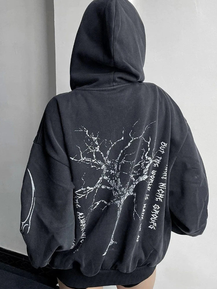 American Vintage Distressed Print Hoodie Long Sleeve Slim Women Casual Sweatshirt Streetwear Y2k Retro Zipper 2025 Autumn