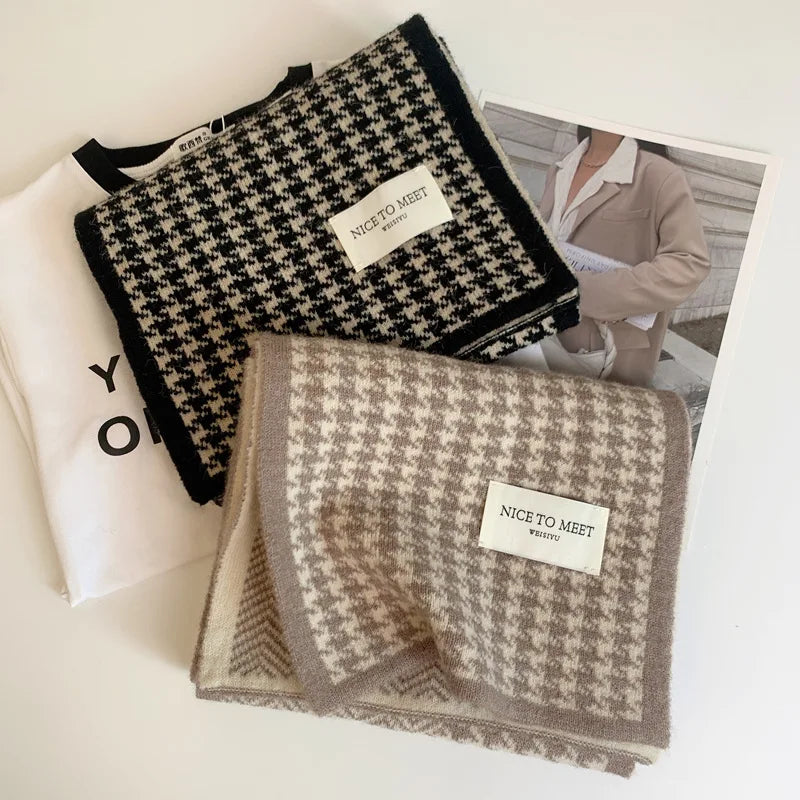 Women's Scarfs Korean Checkered Simple Harajuku Sweet Kawaii Versatile Winter Velvet Thickened Warm Comfortable Necks For Gorl