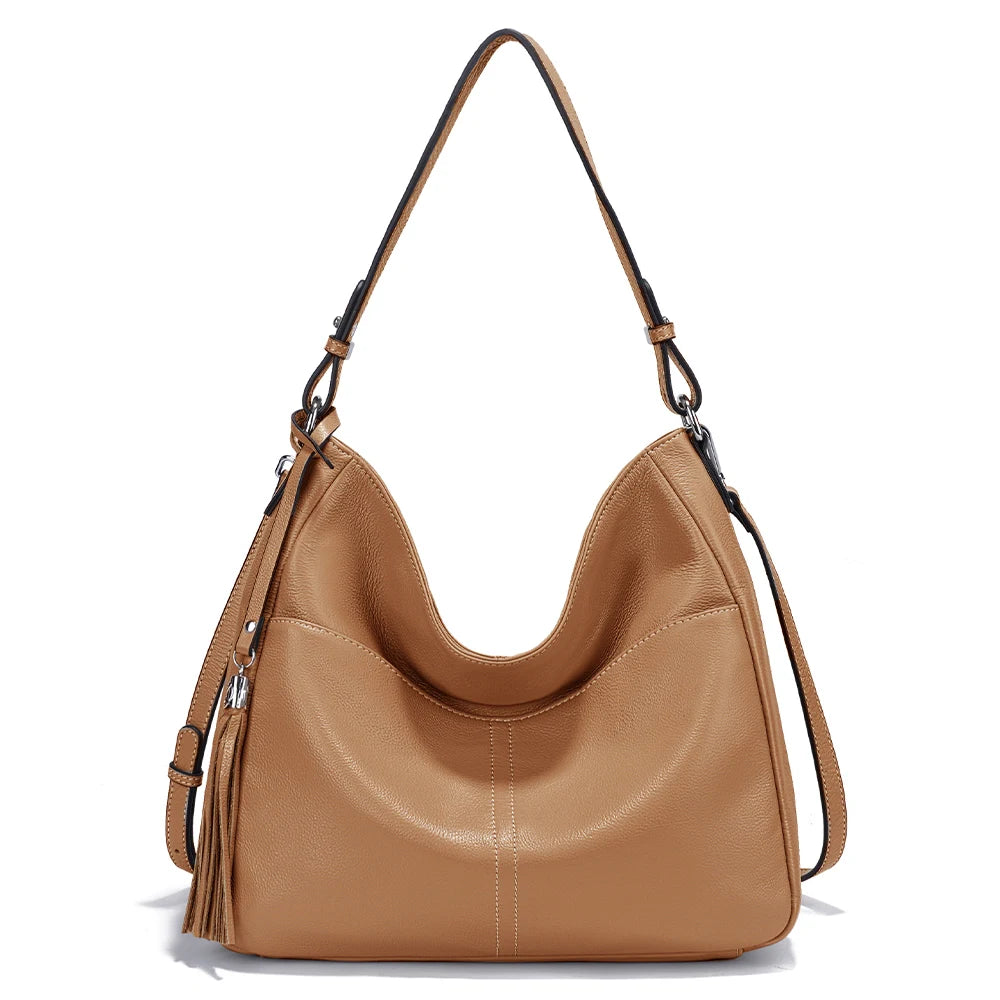 Zency Elegant Beige Tassel Hobo Bag Soft Leather Women's Shoulder Bag 2025 New Handbag Long Strap Crossbody 8 Color Shopper