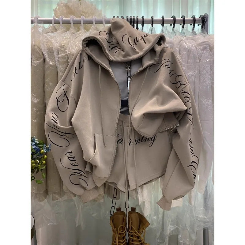 Vintage High Street Hooded Sweatshirt Jacket Shorts Two-Piece Set Women Outfit Shorts Sets Long-Sleeve Jacket Spring Autumn Suit