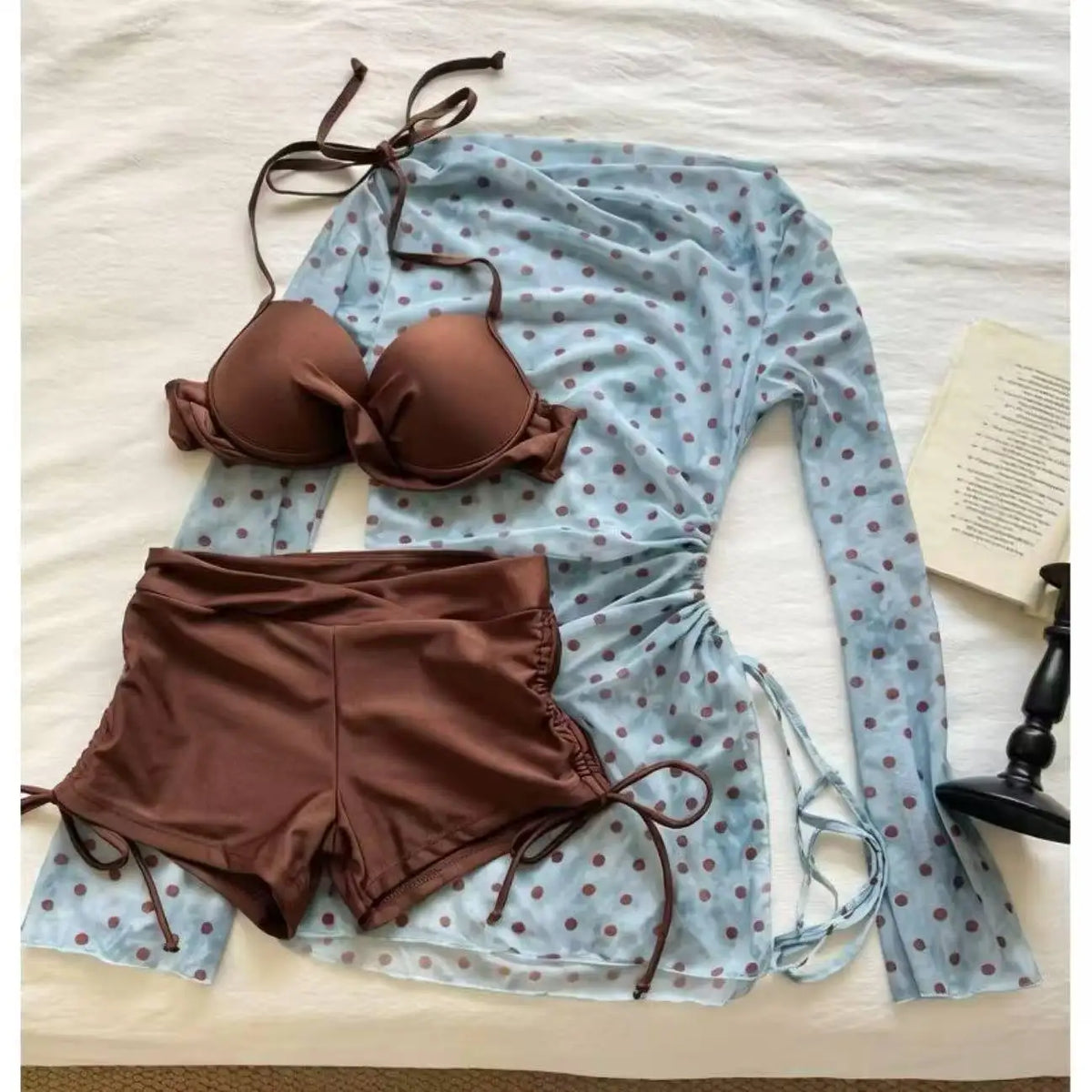 Y2K Korean Cute Two Piece Swimsuit Women Print Ruffle Halter Bikini with Mini Skirt Beach Vacation