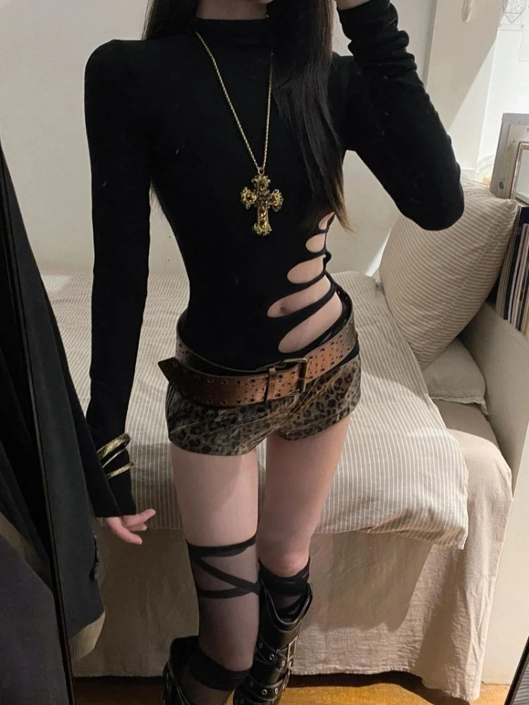 Sexy Retro Long Sleeve T-Shirt Women Vintage Hollow Out Design Slim Black Tops Harajuku Casual High Street Chic Clothes