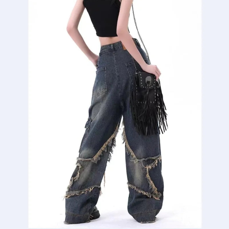 Baggy Jeans for Women Autumn/winter Korean Vintage Design Empty Star Appliqué and Faded Straight-leg Trousers