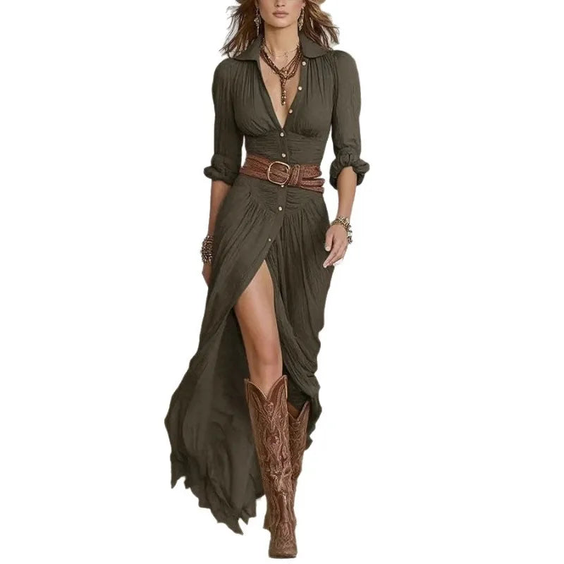 Women's Fall 2026 Sexy Solid Color Irregular Pleated Belted Dress