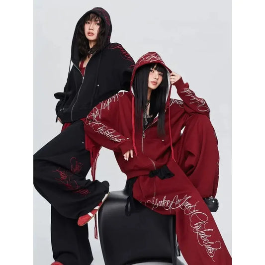 Autumn Winter New Fashion Solid Color Printed Two Piece Set Y2K Trendy Cool Hot Girl Hooded Zipper Hoodie Pants Street Dance Set