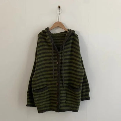 Fall Retro Women's Knitted Sweater Coat Faionable Striped Lazy Sle Hood Single Button Zipper Design Sense Top Warmth