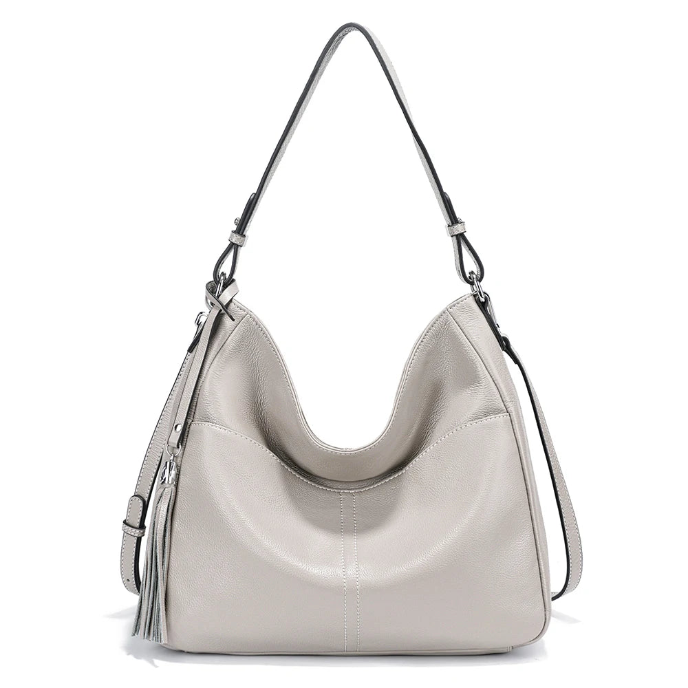 Zency Elegant Beige Tassel Hobo Bag Soft Leather Women's Shoulder Bag 2025 New Handbag Long Strap Crossbody 8 Color Shopper