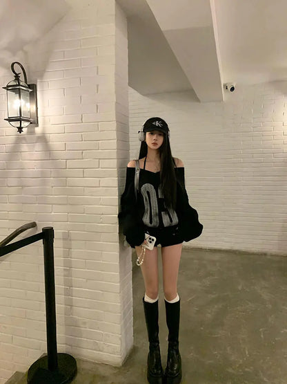 American Retro Spicy Girl Black Off-Shoulder V-Neck Sweater Women's Autumn Winter Loose Lazy Style Knitted Jacket