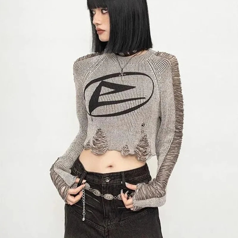 American Vintage Distressed Cropped Pullover Women Long Sleeve Street Knit Top Subculture O Neck Ripped Harajuku Y2K Sweater