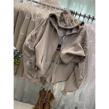 Vintage High Street Hooded Sweatshirt Jacket Shorts Two-Piece Set Women Outfit Shorts Sets Long-Sleeve Jacket Spring Autumn Suit