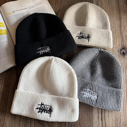 Embroidered Letter Beanie - Soft Warm Knit Hat for Men & Women, Stretchable Slouchy Cap for Casual & Travel