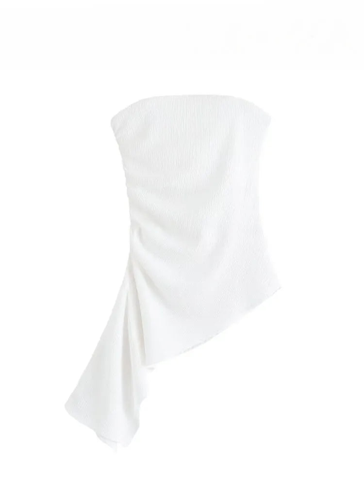 HH Women's Summer Fashion Tops Solid Strapless Sleeveless Backless Fold Decorate Female Sexy Slim Asymmetry Top 3 Color