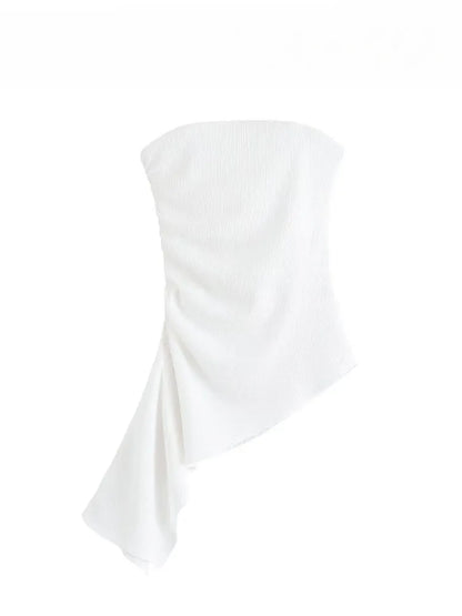 HH Women's Summer Fashion Tops Solid Strapless Sleeveless Backless Fold Decorate Female Sexy Slim Asymmetry Top 3 Color
