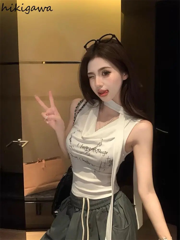 Sexy Tanks 2026 Women's Clothing Sleeveless Print White Camis Ropa Mujer Slim Fit Korean Tees Fashion Summer Vest Crop Tops