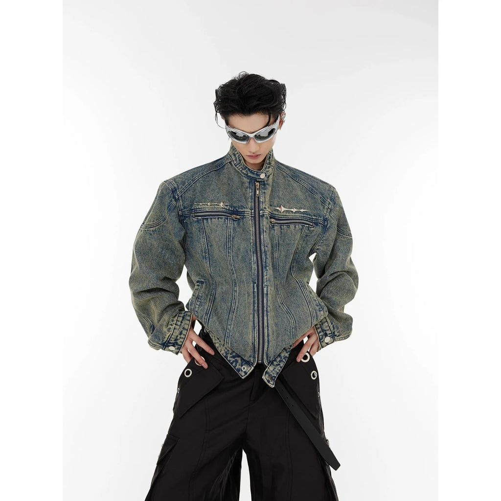 Rugged Slim Fit Men's Denim Jacket Heavyweight korean Style Washed in Fashion Stand Collar Hip Hop Trendy Casual Coat