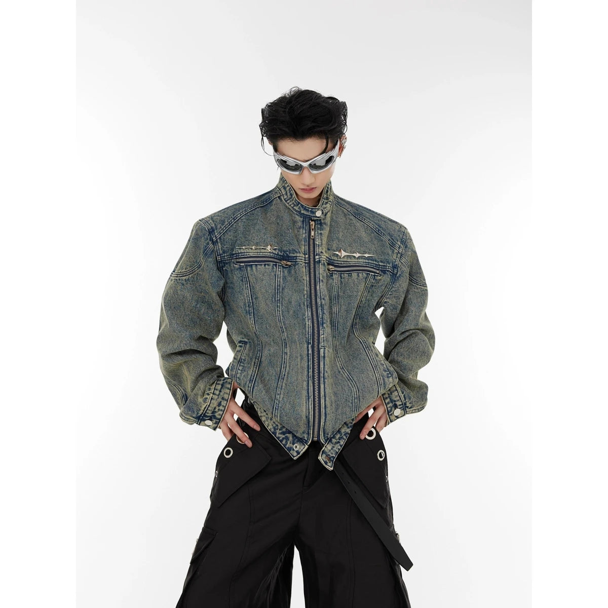 Rugged Slim Fit Men's Denim Jacket Heavyweight korean Style Washed in Fashion Stand Collar Hip Hop Trendy Casual Coat