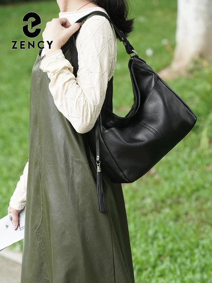 Zency Elegant Beige Tassel Hobo Bag Soft Leather Women's Shoulder Bag 2025 New Handbag Long Strap Crossbody 8 Color Shopper