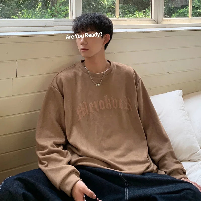 Suede Round Neck Hoodless Sweatshirts Men Autumn Trendy High Street Tops vintage Streetwear Long Sleeve Printed Letters