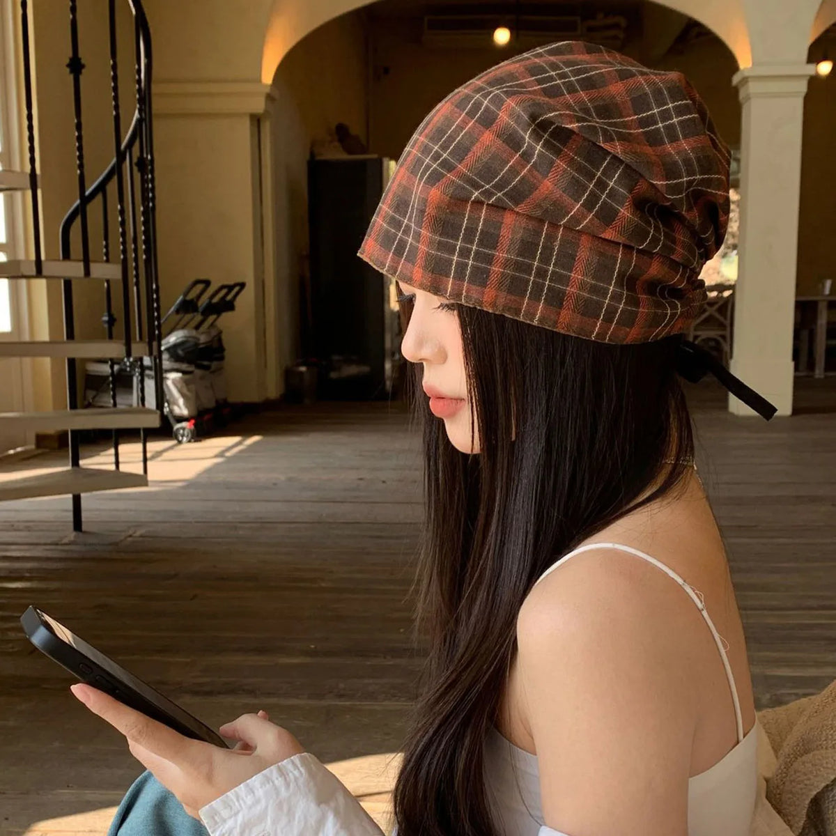 Vintage Plaid Beanies Hat for Women Autumn Spring Double-sided Wear Headscarf Hats Hip Hop Girl Versatile Warm Pullover Cap