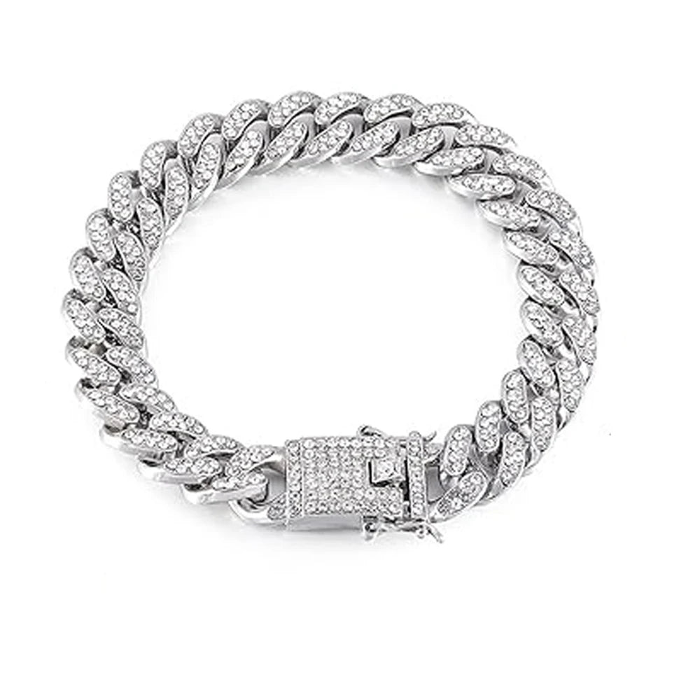 Mens 13MM Cuban Link Chain Necklace & Bracelet Set Silver Miami Hip Hop Jewelry Bling Diamond Choker for Men And Women