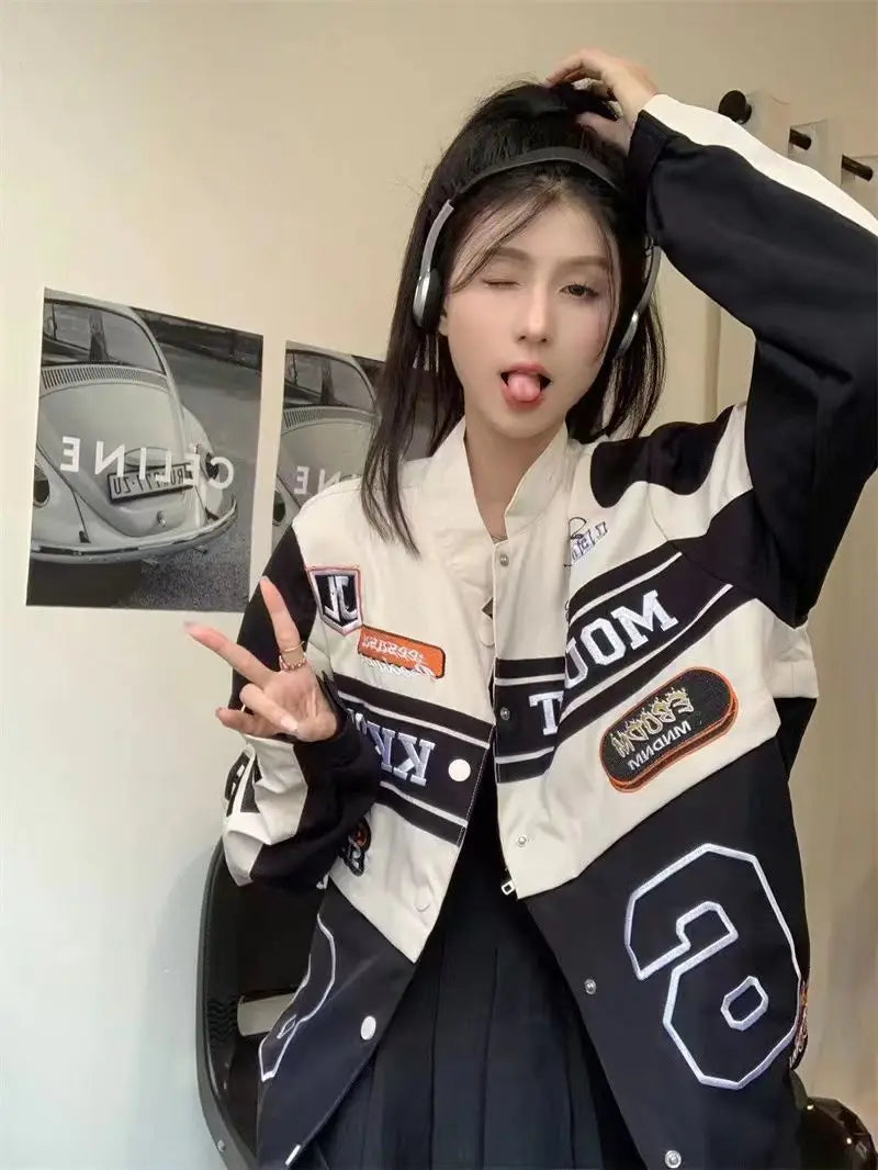 Women's Casual Short Jacket with Zippers Retro Loose Baseball Jacket for 2024 Autumn Detachable Moto Coat Embroidered Letters