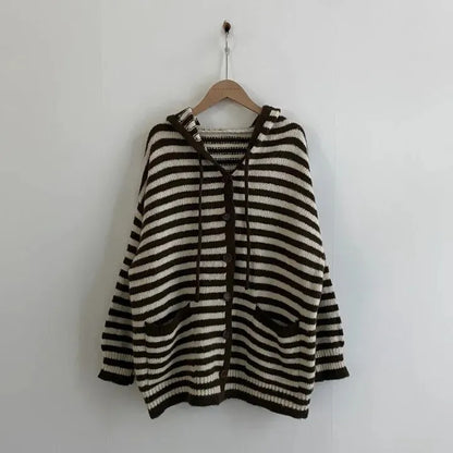 Fall Retro Women's Knitted Sweater Coat Faionable Striped Lazy Sle Hood Single Button Zipper Design Sense Top Warmth