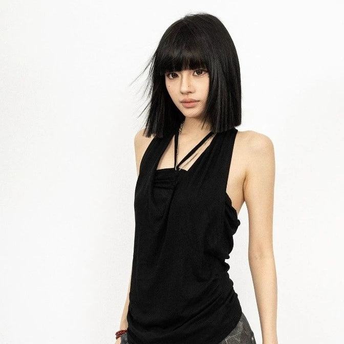 2026 Fake Two Pieces Streetwear Women Tank Top Harajuku Halter Vintage Camisole Summer Sexy Y2k Aesthetic Slim Fit Pleated Vest