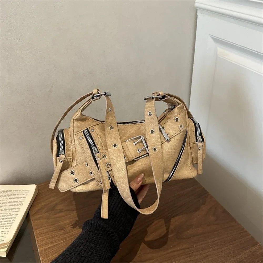 PU Leather Crossbody Shoulder Bag Large Capacity Belt Buckle Design Tote Bag for Women Lightweight Chic Hot Girl Motorcycle Bag