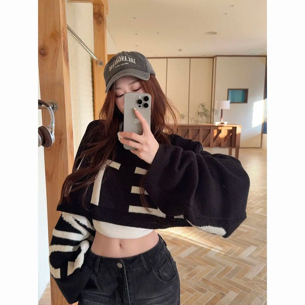 Letter Print Cropped Sweater Pullover Loose Fit Cropped Oversized Batwing Sleeve Knitted Sweater Y2k Tops Autumn Outfit Jumpers