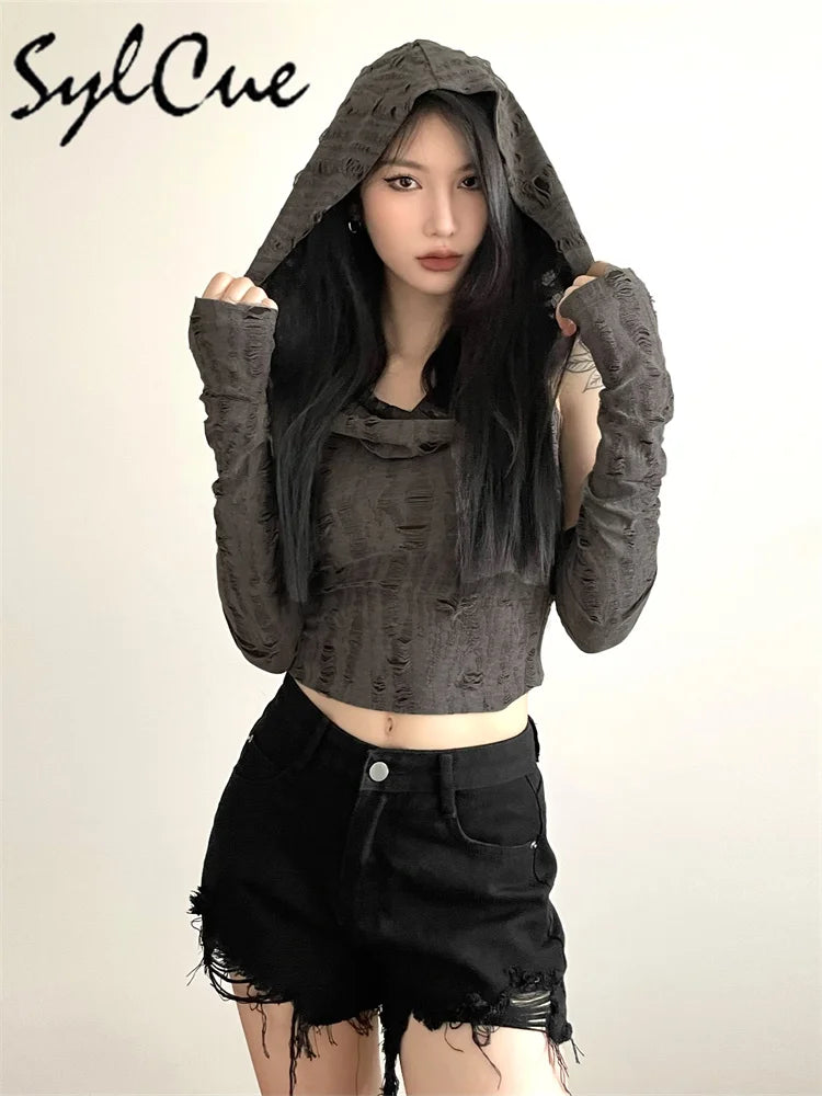 Sylcue Solid Color Vintage Distressed Simple All-Match Fashionable Cool Cool Summer Travel Free Women's Knitted Hooded Top