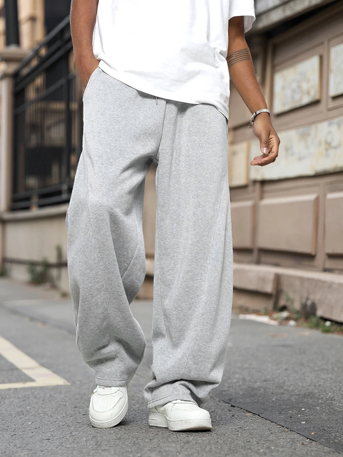 Men's Light Gray Wide Leg Sweatpants Spring Fall Loose Straight Leg Casual Trousers