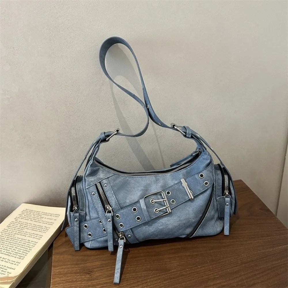 PU Leather Crossbody Shoulder Bag Large Capacity Belt Buckle Design Tote Bag for Women Lightweight Chic Hot Girl Motorcycle Bag