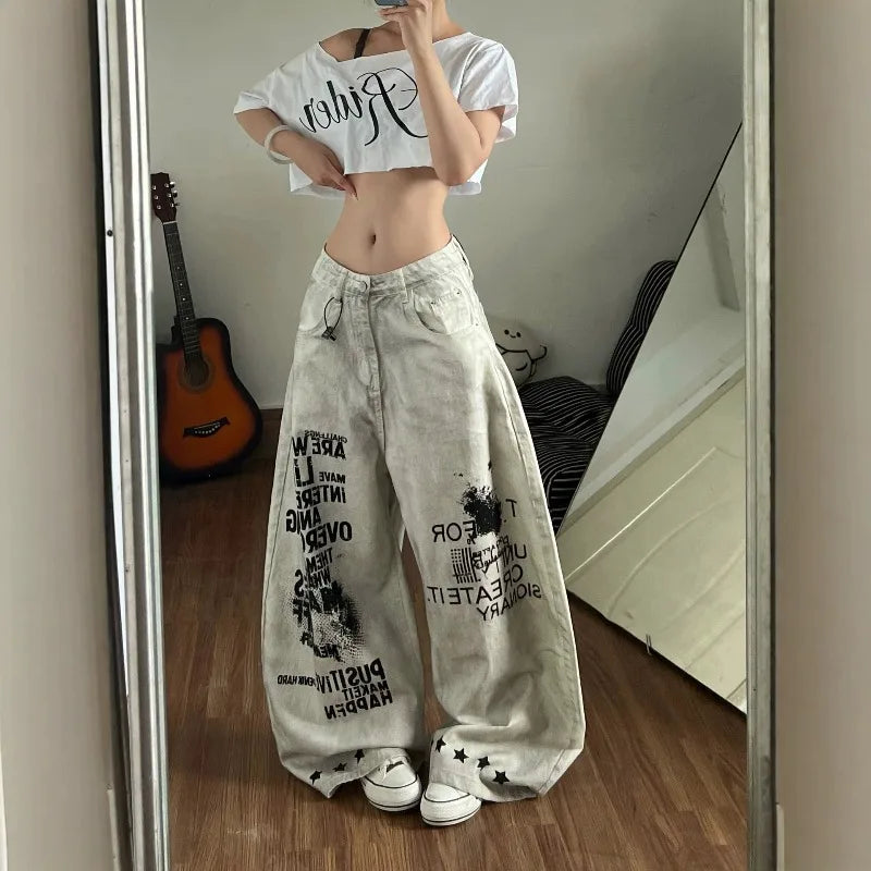 Personalized Graffiti Letter Women's Jeans Heavy Industry Smudge Fashion Spice Style Retro Old Wide Leg Design Loose Trousers