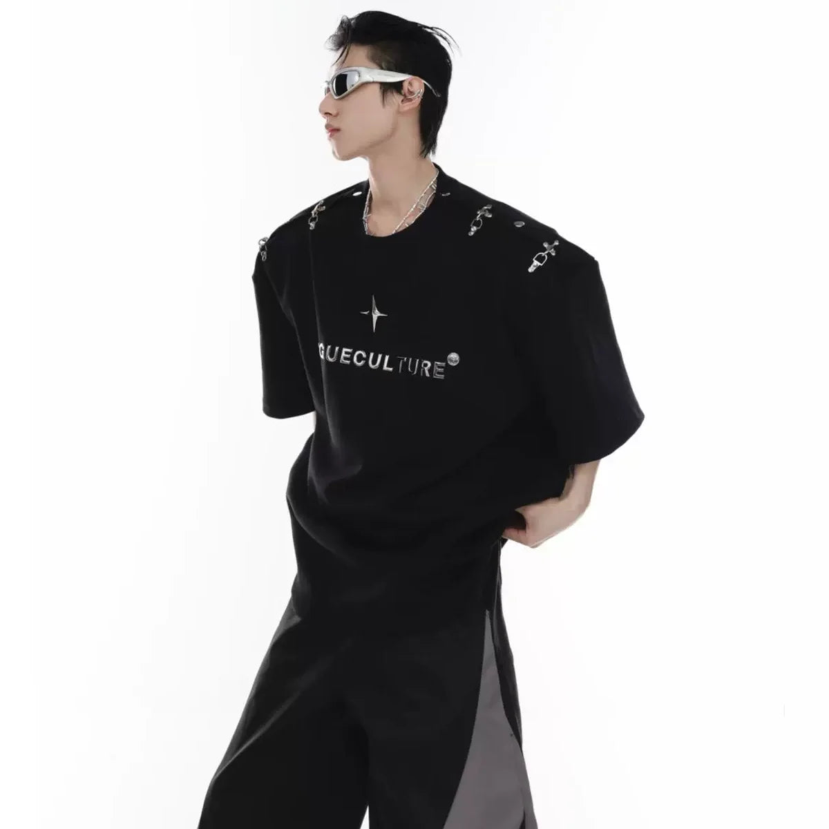 Deconstructive Design Metal Buckle Patchwork High Street Casual T Shirt Summer Man Techwear Style Short Sleeve Tops