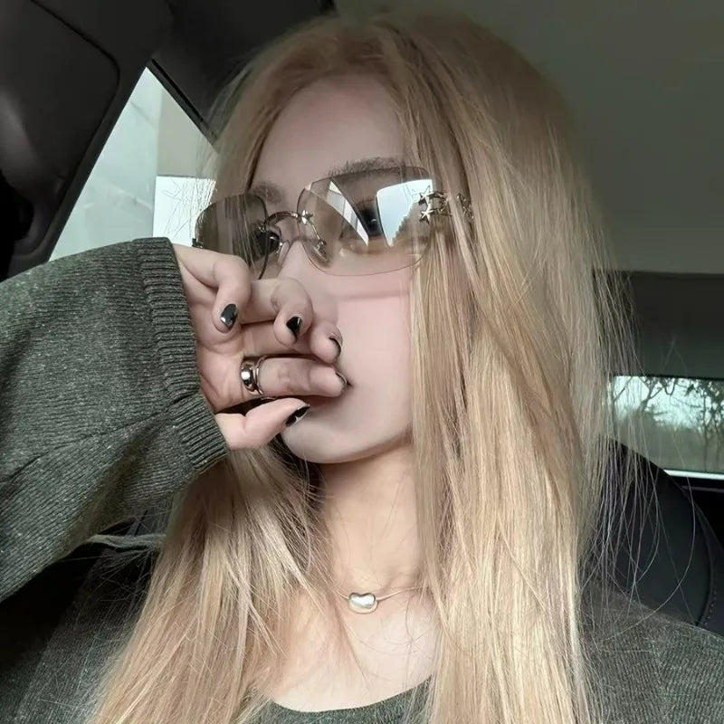Fashion Square Rimless Sunglasses Punk Popular Shades Summer Travel Sun Glasses Eyewear Women Men Metal Bow Frame Luxury Glasses