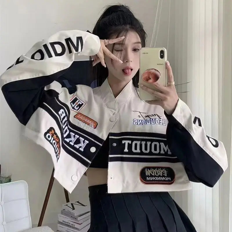 Women's Casual Short Jacket with Zippers Retro Loose Baseball Jacket for 2024 Autumn Detachable Moto Coat Embroidered Letters