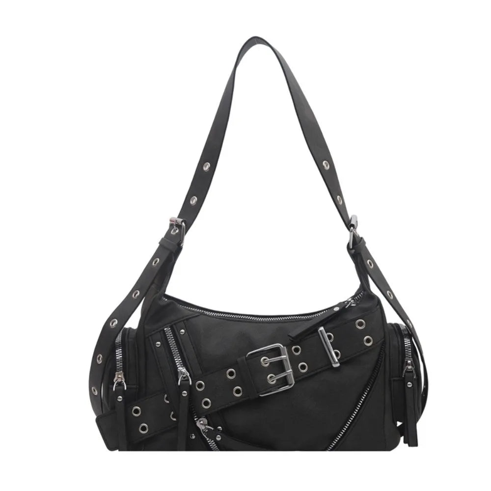 PU Leather Crossbody Shoulder Bag Large Capacity Belt Buckle Design Tote Bag for Women Lightweight Chic Hot Girl Motorcycle Bag