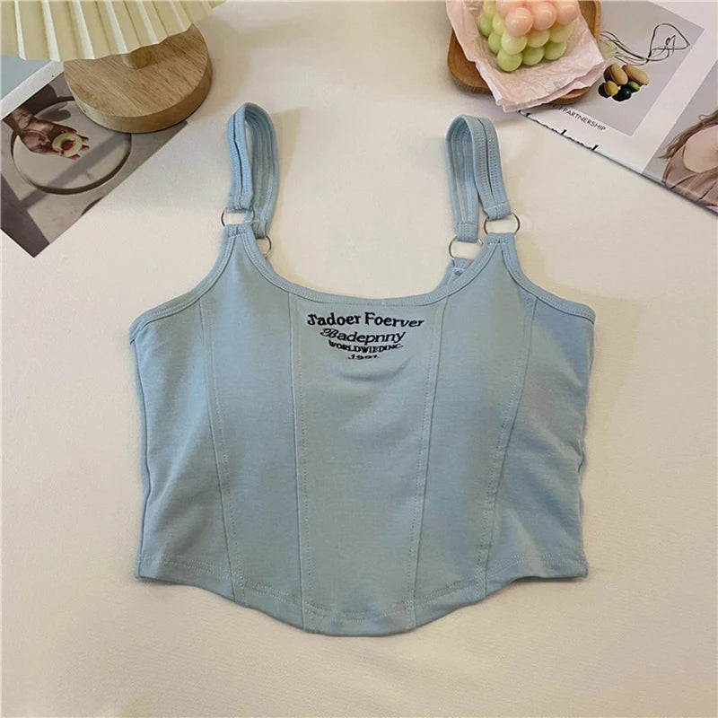 Fashion Embroid Letter Print Crop Tops Women Summer Sexy Streetwear Short Tops Suspenders Sports Tank Top Gym Solid Slim Vest