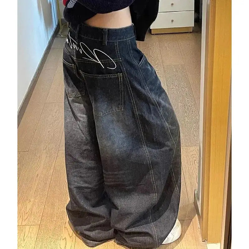 Black Womens Jeans High Waist Vintage Design Hip Hop Straight Baggy Denim Pants Street Y2K American Style Wide Leg Denim Trouser