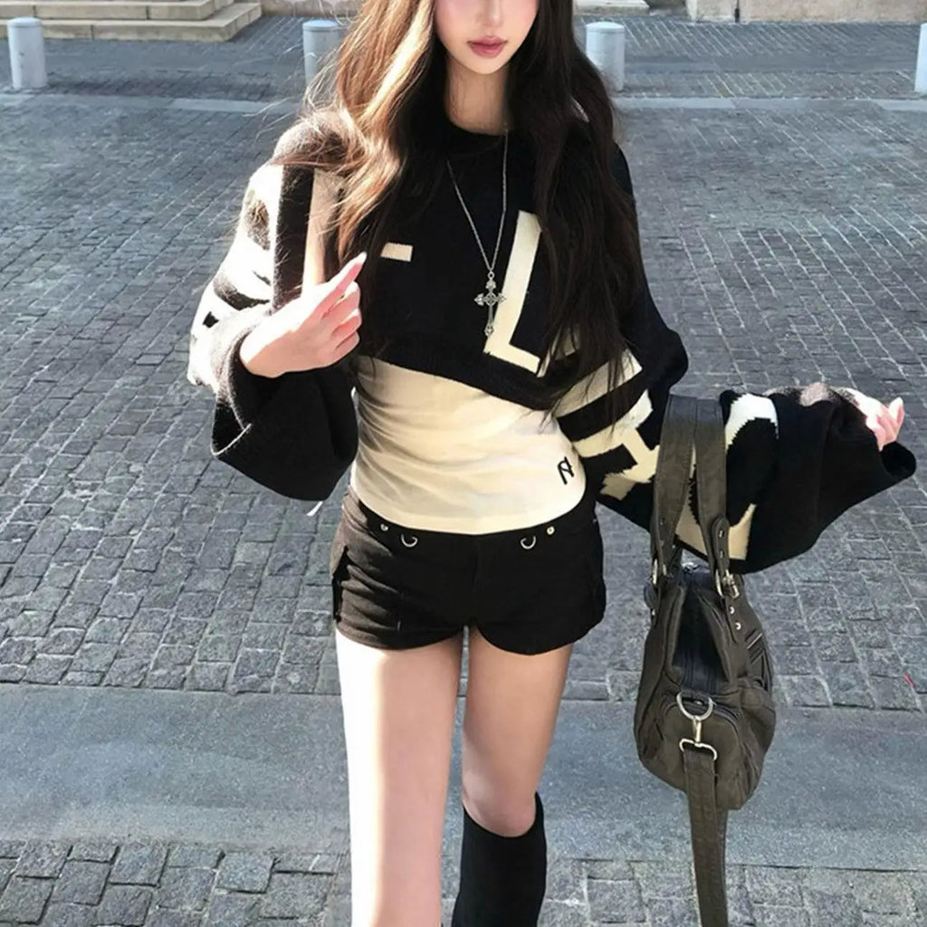 Letter Print Cropped Sweater Pullover Loose Fit Cropped Oversized Batwing Sleeve Knitted Sweater Y2k Tops Autumn Outfit Jumpers