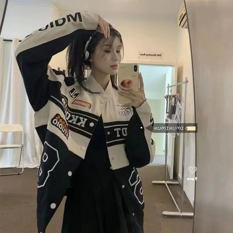 Women's Casual Short Jacket with Zippers Retro Loose Baseball Jacket for 2024 Autumn Detachable Moto Coat Embroidered Letters