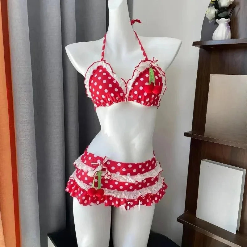 Y2K Korean Cute Two Piece Swimsuit Women Print Ruffle Halter Bikini with Mini Skirt Beach Vacation