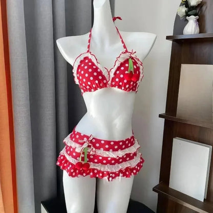Y2K Korean Cute Two Piece Swimsuit Women Print Ruffle Halter Bikini with Mini Skirt Beach Vacation